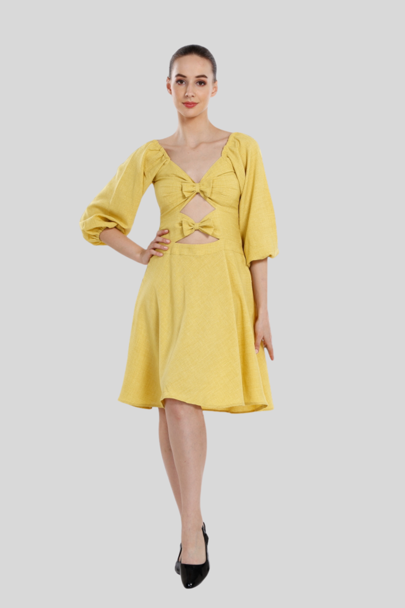 YASHBOSS Women's Imported Poly Blend Self Texture A-Line Dress with Bow Detailing