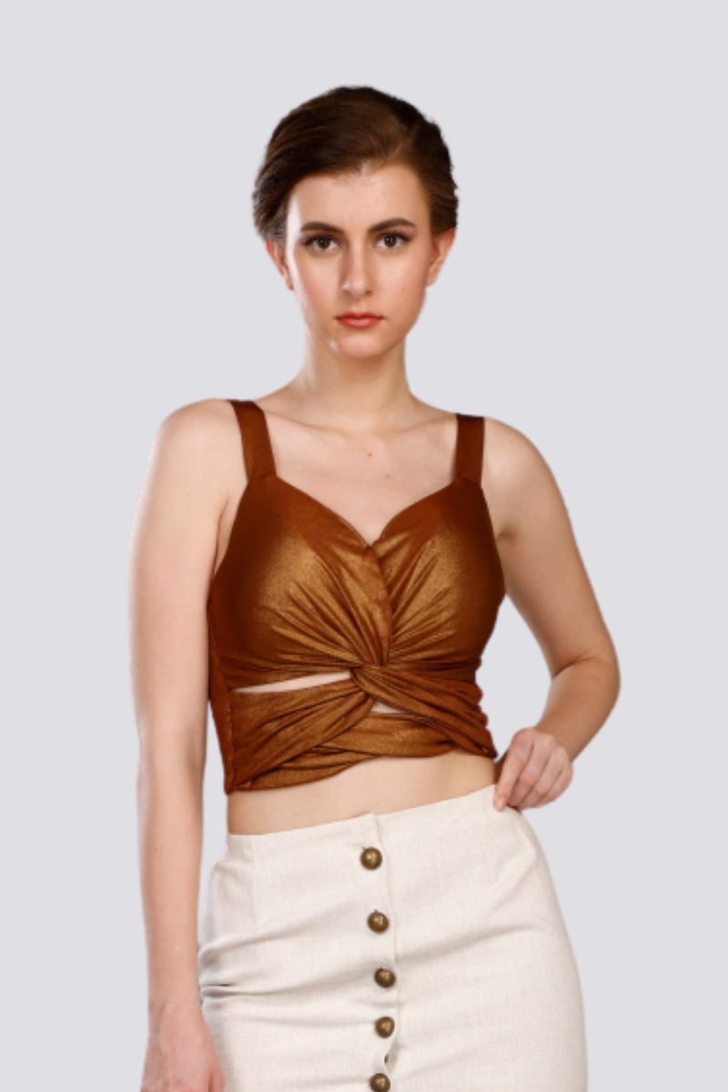 YASHBOSS Women's Shiny Copper Twist Front Crop Top – Imported Four-Way Stretch Fabric
