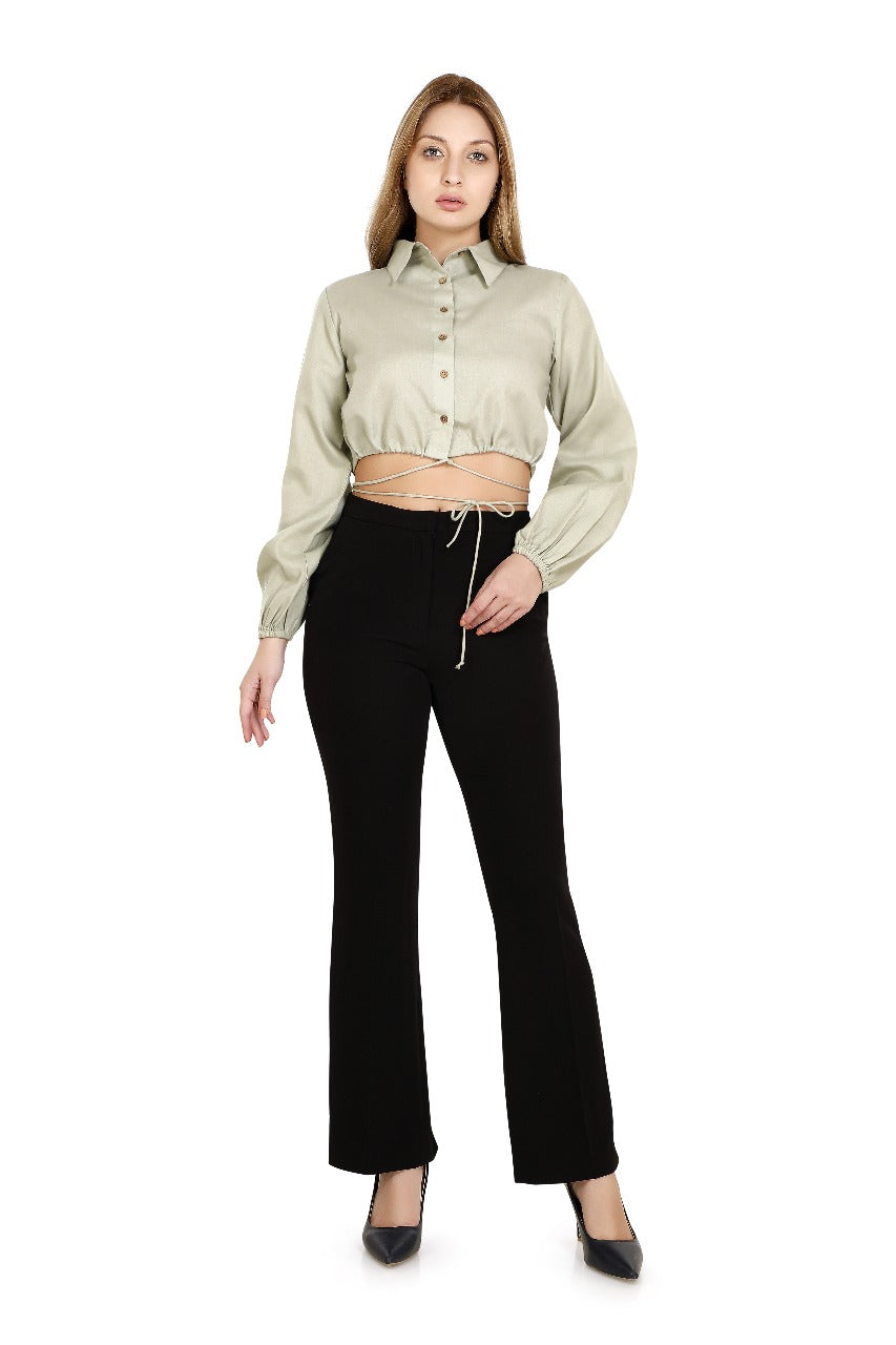 YASHBOSS Women's Poly Blend Cotton Front Button Crop Top with Wrap Tie Design