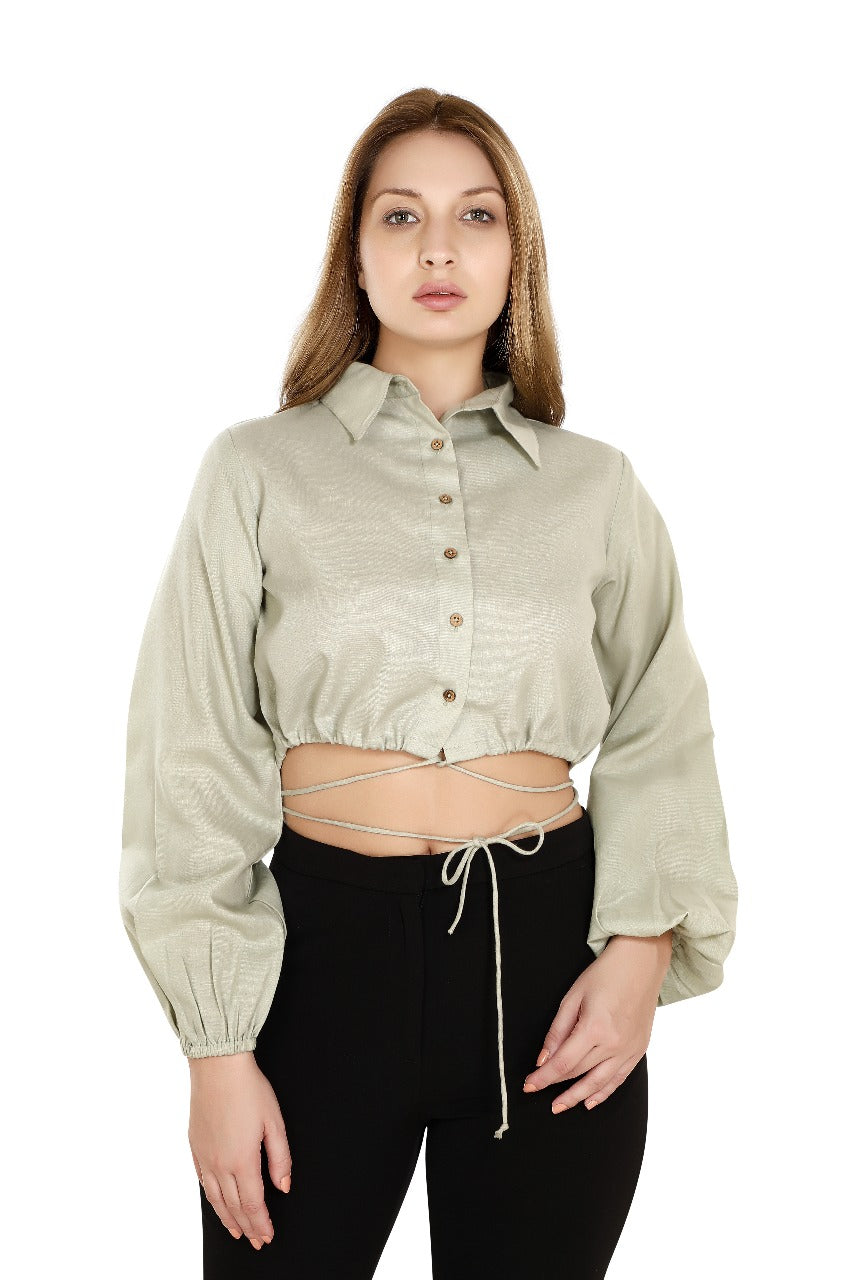 YASHBOSS Women's Poly Blend Cotton Front Button Crop Top with Wrap Tie Design